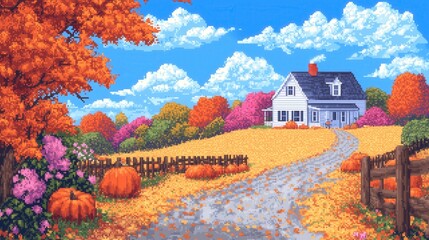 Pixel Art Serene Autumn Landscape with Colorful Trees and Cozy House Scene