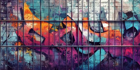 Abstract graffiti art on a brick wall behind bars
