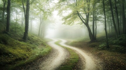 Obraz premium Forest background image showing a misty forest path leading into the distance, surrounded by tall trees and lush foliage