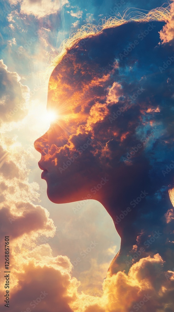 Poster vibrant visualization of a child's profile blending with a radiant sunset and clouds