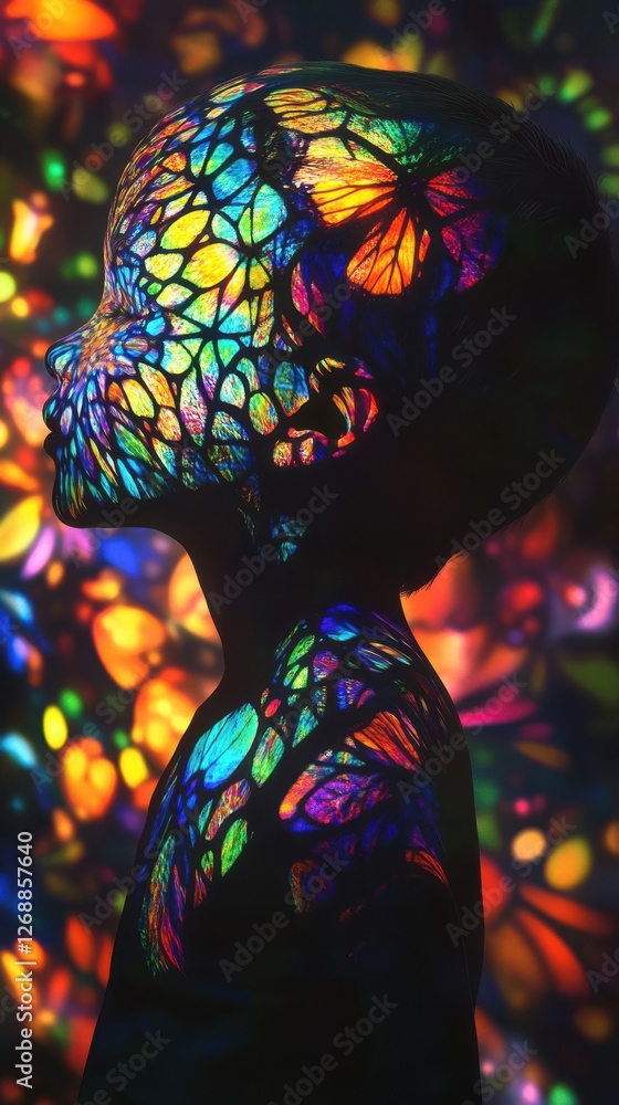 Poster vibrant silhouette of a child decorated with colorful butterfly patterns in a playful artistic setti