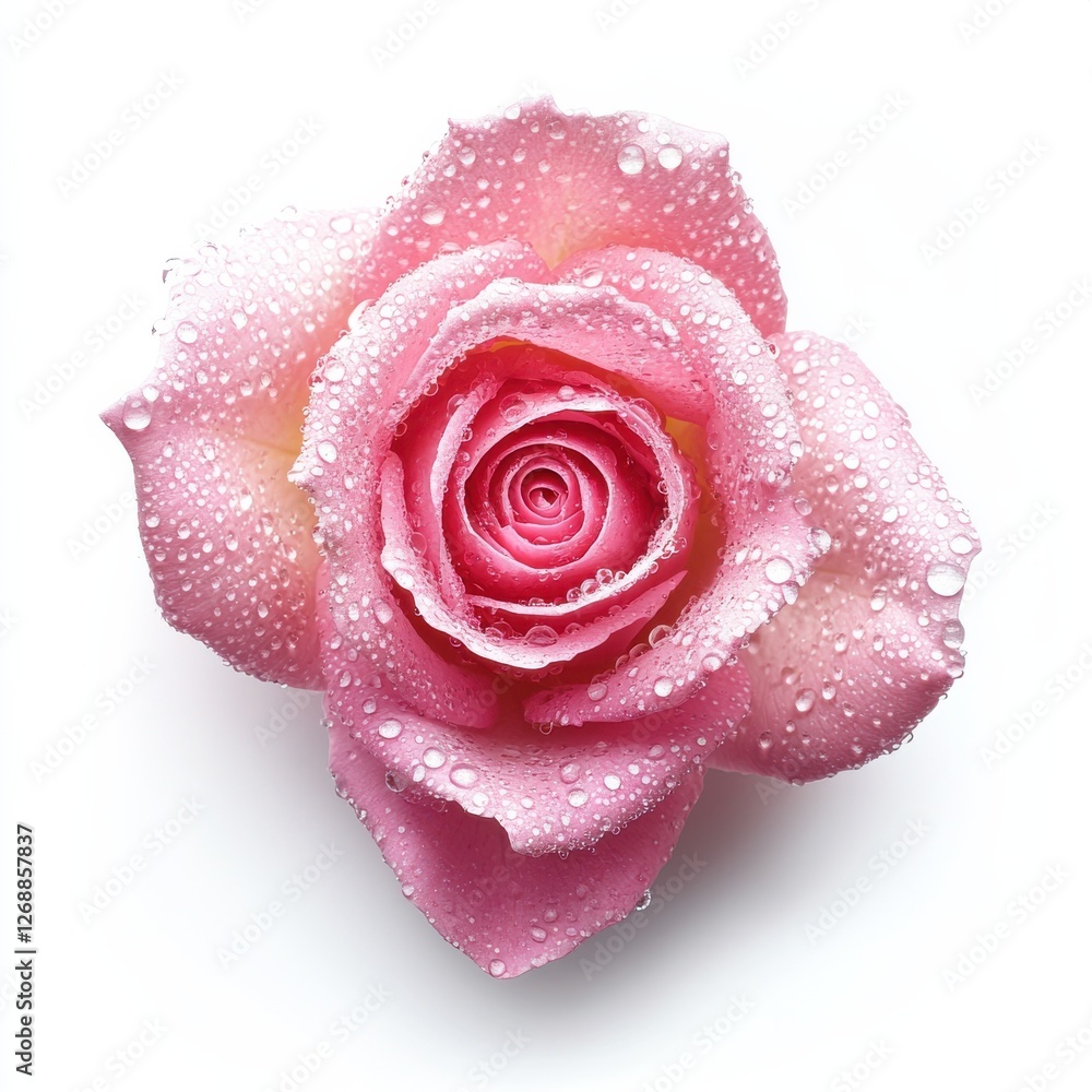 Poster vibrant pink rose adorned with dewdrops in close-up view captured in a natural setting during early 