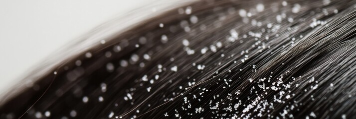 Close up view of dandruff flakes on dark hair strands highlighting scalp condition and hair health. Generative AI