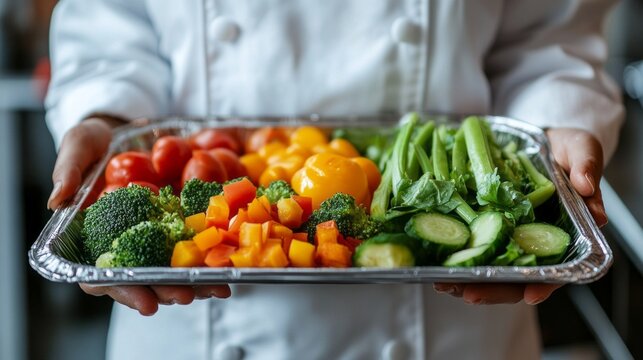 In a bustling kitchen, a dedicated school nutrition chef presents a colorful tray filled with fresh vegetables, promoting healthy eating habits among students