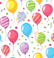 A seamless pattern of colorful balloons, in various shapes and sizes, scattered across the white background. 