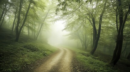 Obraz premium Forest background image showing a misty forest path leading into the distance, surrounded by tall trees and lush foliage