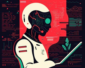 Futuristic Robot Engaging with Digital Technology in Abstract Art