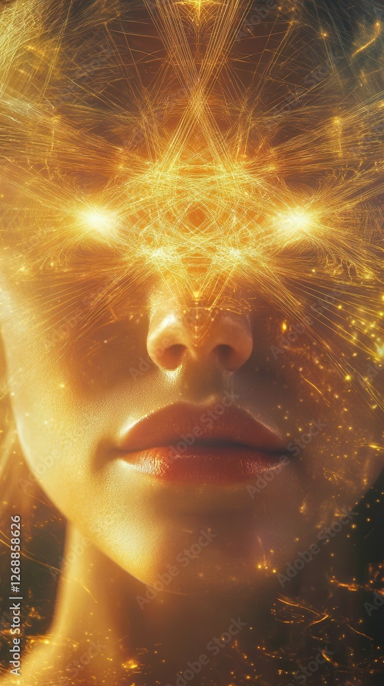 Aufkleber Surreal representation of a woman's face with glowing eyes and intricate light patterns