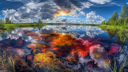 Colorful lake reflecting vibrant sky