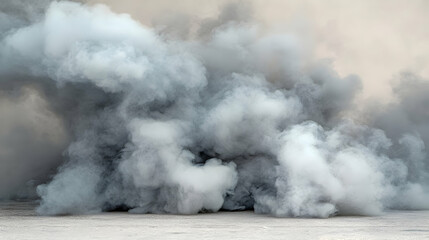 Gray smoke plume, desert landscape, environmental disaster