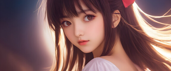 Naklejka premium Joven japonesa morena hermosa posando de perfil anime manga