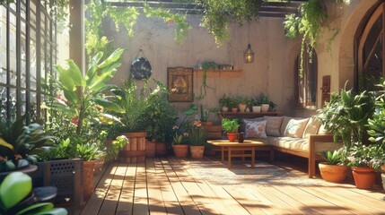 Sunlit balcony retreat with wooden flooring and lush greenery for relaxation and leisure