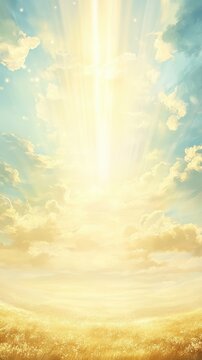 Sun rays pierce clouds illuminating golden field below intensely