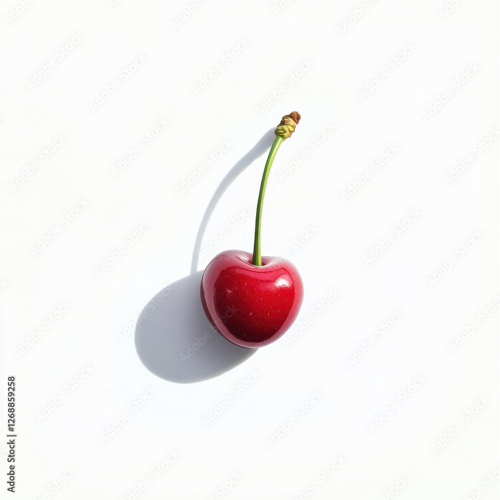 Poster fresh glossy red cherry resting on a clean white surface casting a subtle shadow in natural light