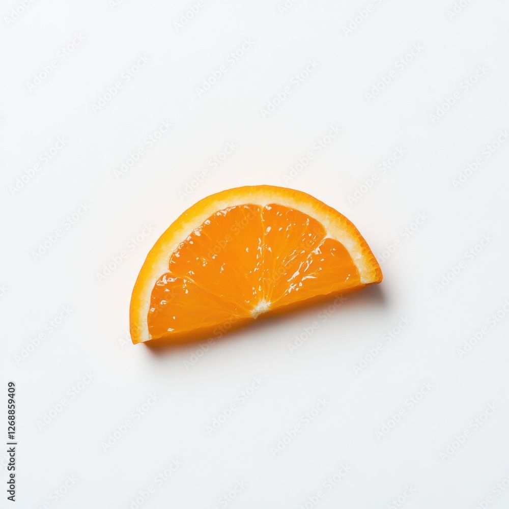 Poster bright tangerine slice resting on a clean, white surface with natural lighting highlighting its text