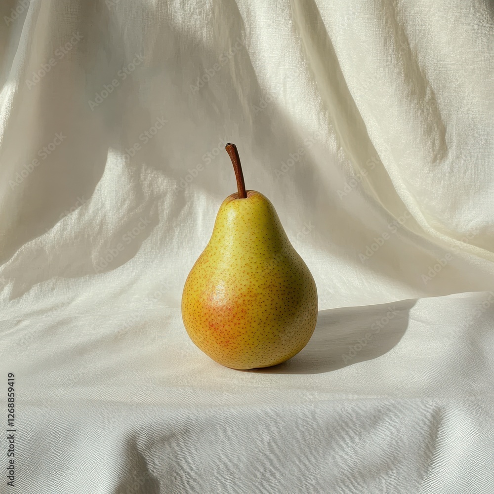 Poster freshly harvested pear resting on a soft, neutral background capturing its natural elegance and colo