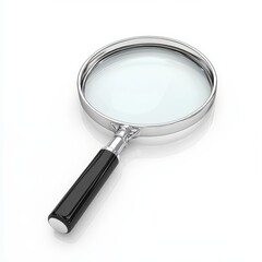 Shiny silver magnifying glass with a black handle resting on a white surface in a well-lit room