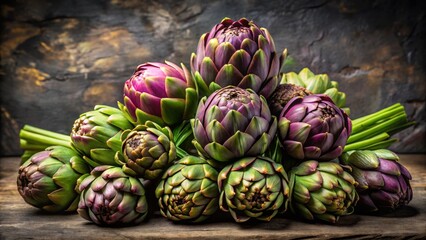 Obraz premium Fresh Artichokes Piled Beautifully on a Rustic Wooden Surface