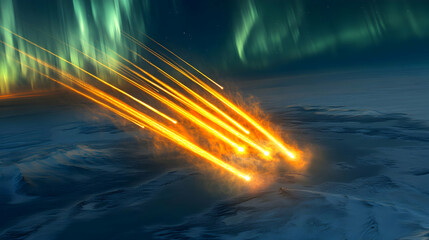 Meteor shower over icy landscape, aurora borealis background, nature scene