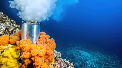 Underwater Volcanic Vent Surrounded by Bright Coral and Sea Life
