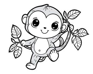 Obraz premium Cute Cartoon Monkey Holding Branches in Black and White Illustration