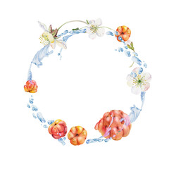 Cloudberry raspberry white flowers flying in water splashes drops, hand drawn in watercolor, red forest berry leaves. Circle wreath frame illustration. Restaurant cafe menu, farmers market, juice bar