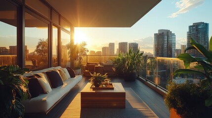 Sunset Cityscape View From Modern Balcony Terrace