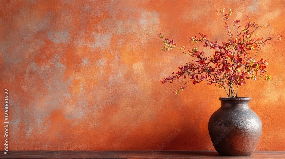 Aufkleber rustic terracotta background with a clay vase and vibrant floral arrangement in a serene indoor sett