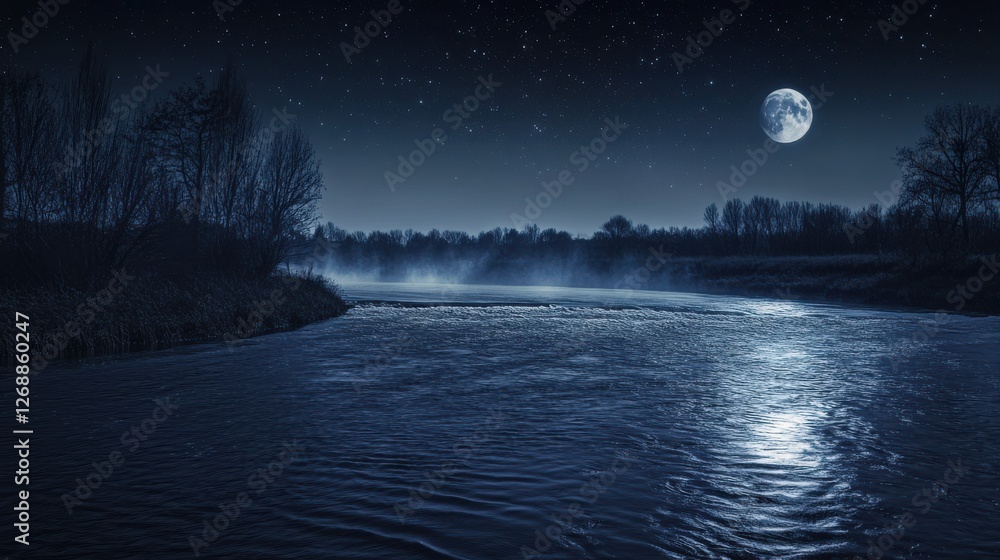 Poster tranquil riverside setting illuminated by stars and a bright moon with gentle water reflections