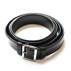 Polished black leather belt with a silver buckle displayed on a white surface highlighting its sleek design and craftsmanship