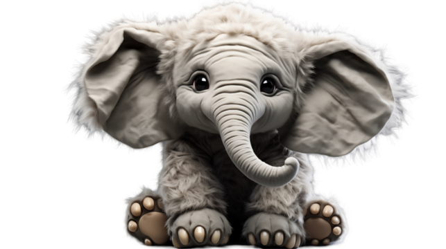 Fluffy Baby Elephant Cute Animal Illustration, Soft Gray Digital Art for Sweet Themes, isolated on transparent background.