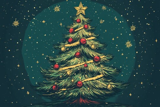 Decorated christmas tree glows in the night filled with stars