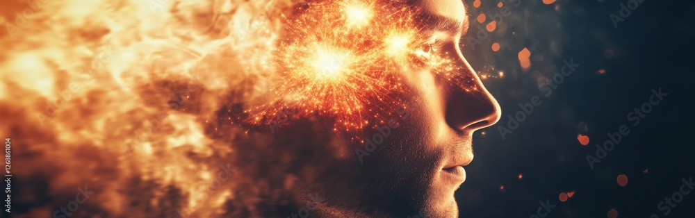Poster mystical portrait of a man’s face with vibrant sparks emanating from his mind in a dark, ethereal se