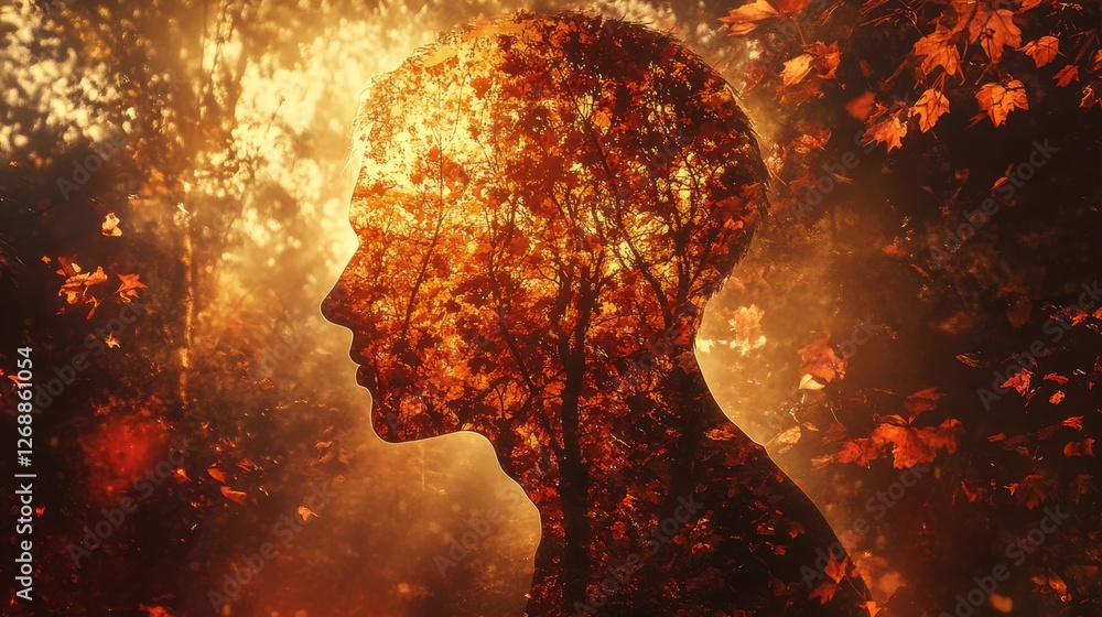 Poster mystical profile of a man filled with autumn leaves amidst a tranquil forest setting