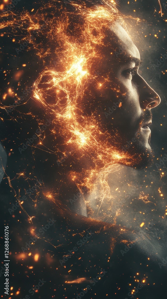 Poster mystical profile of a man filled with glowing light and energy against a dark backdrop