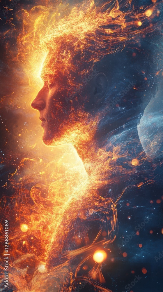 Fototapete Mystical portrait of a man's profile filled with ethereal flames and cosmic elements capturing elemental energy and transformation