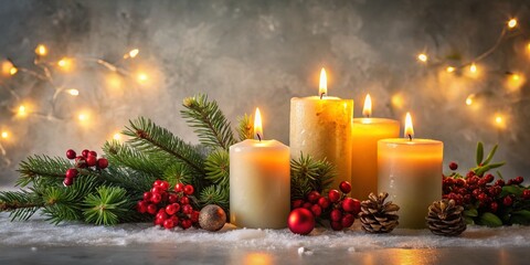 Cozy Christmas Candles on Gray Background: Festive Holiday Stock Photo with Copy Space