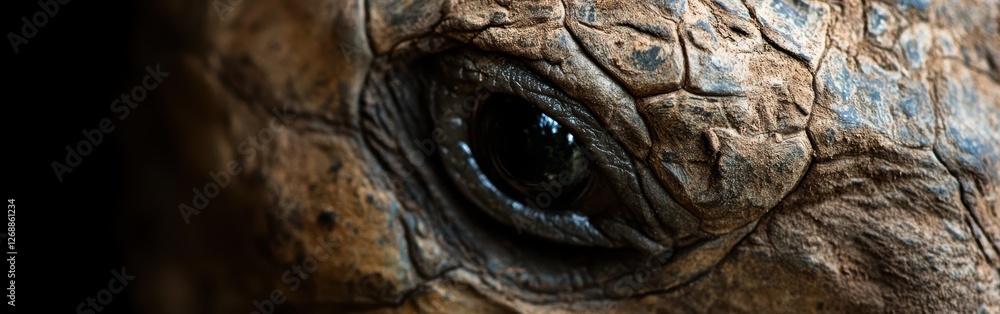 Poster Macro view of a tortoise's face revealing intricate textures and deep eye characteristics in natural light