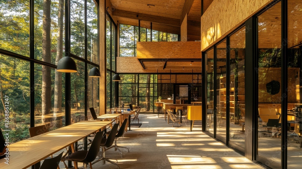 Aufkleber Modern coworking space nestled in a serene forest setting designed for productivity and collaboration