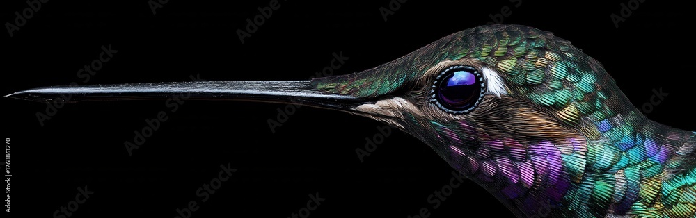 Poster Close-up view of a vibrant hummingbird showcasing intricate feather details in a dark backdrop