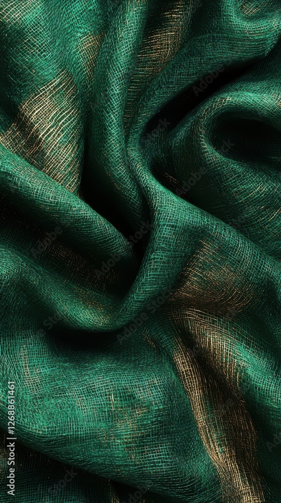 Poster luxurious burlap texture featuring deep emerald hues with golden accents suitable for various design