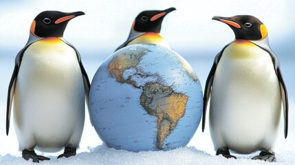 Fototapeta premium Three penguins surrounding a globe, symbolizing global awareness and environmental themes.