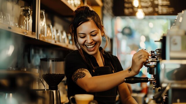 Cheerful young female barista making coffee with a coffee machine in a cafe. - Powered by Adobe