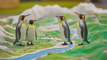 Fototapeta premium A model landscape featuring penguin figurines on a textured terrain.