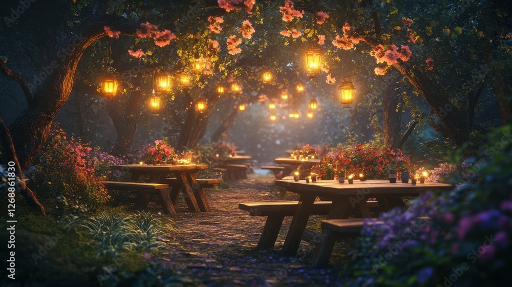 Poster charming picnic tables adorned with flowers and lanterns create a cozy atmosphere in a serene garden