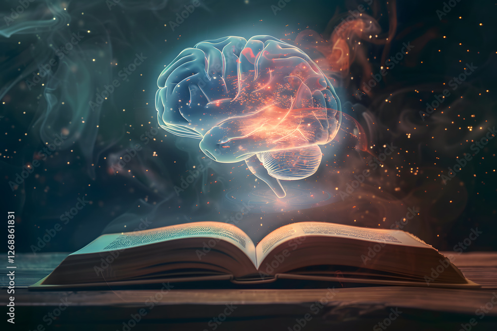 Poster Illuminated mind: conceptual image of glowing brain over open book