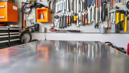 Naklejka premium Well-Organized Workshop with Tools and Equipment on a Metal Workbench - Ideal for DIY Projects and Professional Use, for display display on workbench