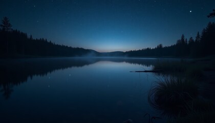 Serene lakeside scene with reflection of starry night sky on calm water, emphasizing tranquility of Earth Hour