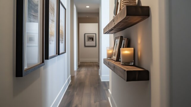 Floating shelves enhance a serene hallway with candles and artwork in a modern home setting