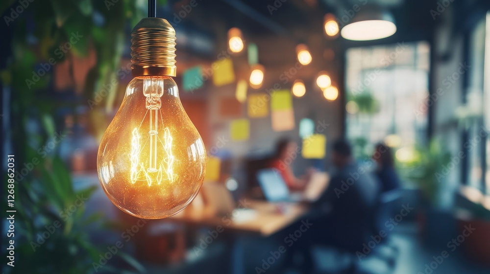 Aufkleber glowing light bulb with intricate filaments illuminates a workspace filled with creativity and colla